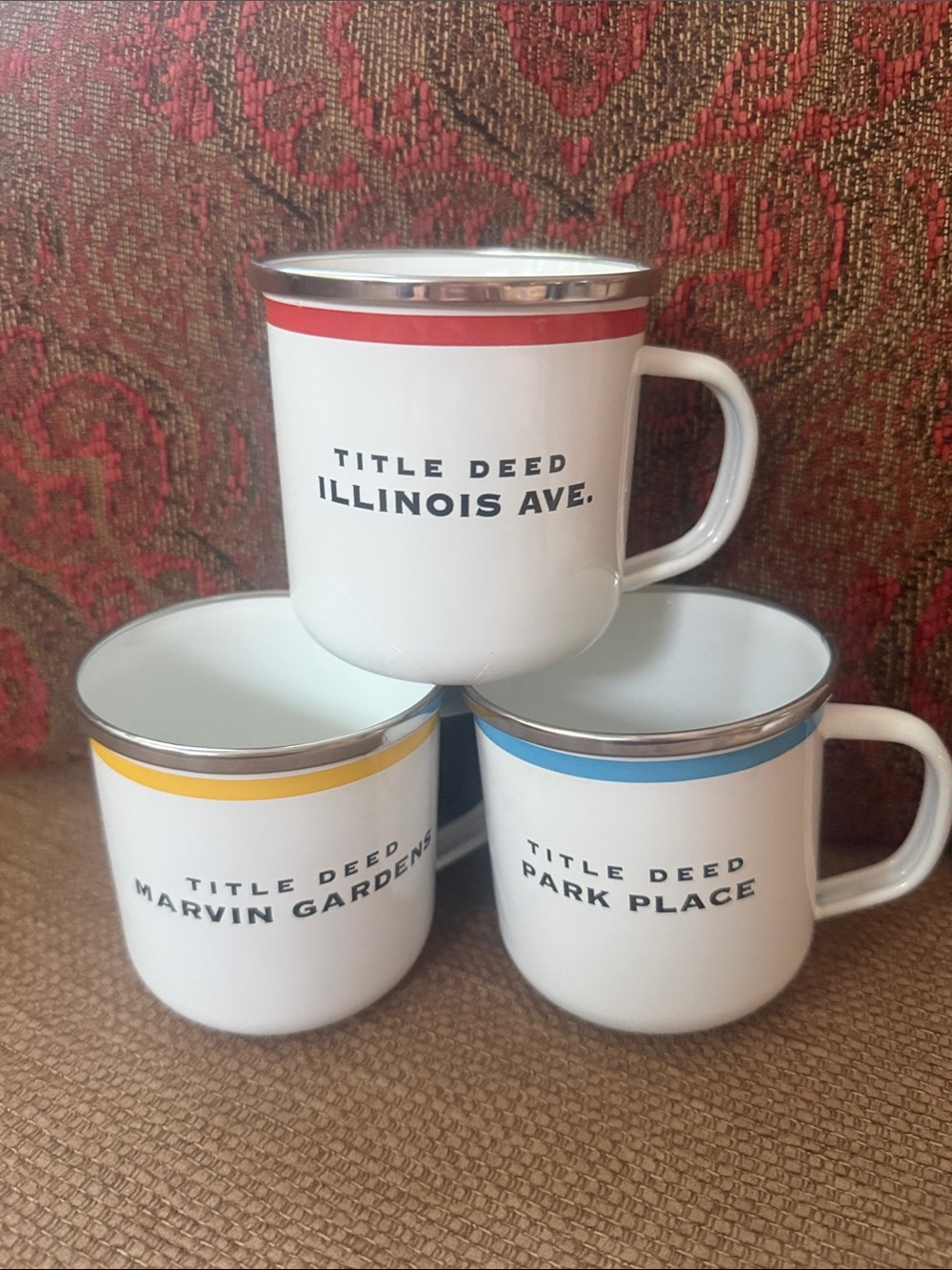 Monopoly Hasbro Mugs Porcelain Enamel Ware Set of 3 Title Deeds